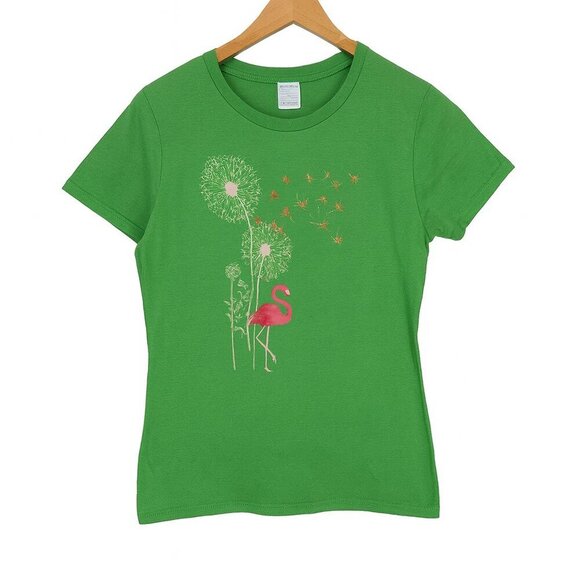 Port and Company Tops - Green T-Shirt with Flamingo and Dandelion Design – Size M, Port & Company